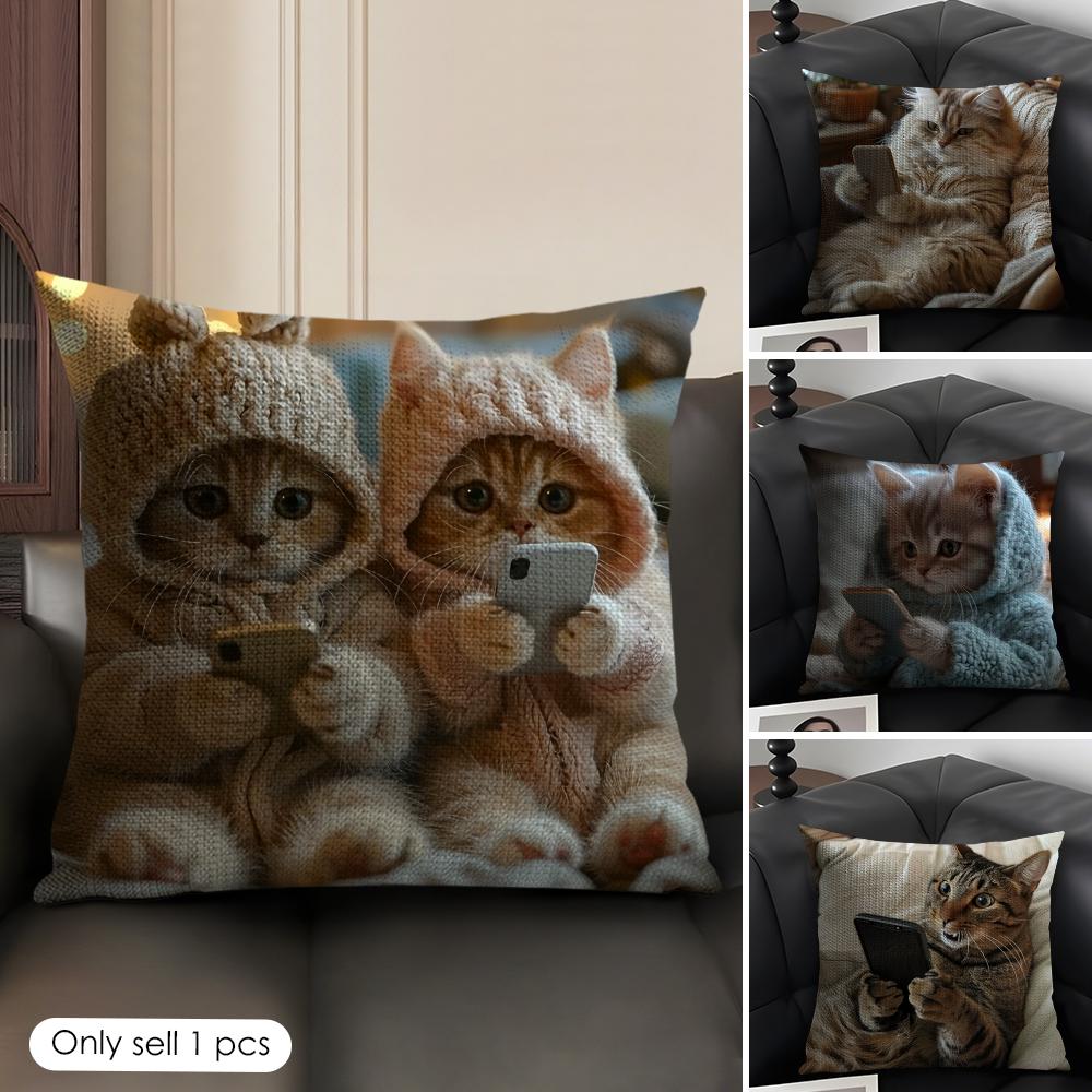 Cute Cat Holding Phone Cushion Cover Natural Linen Organic Fabric DoubleSided Printing Sofa Home Decor Gift Pillow Case