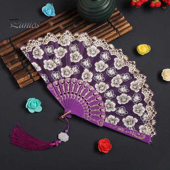 Elegant Handheld Fan Retro Lace Folding Portable Lightweight Chinese Dance Cherry Blossom Silk Cloth Pattern Women's with Tassel for Performance