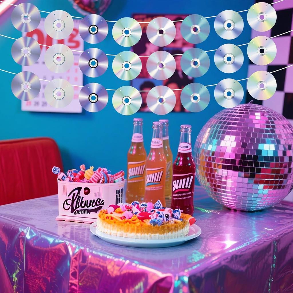 3PCS 90s Party Banner, Pre-Strung Retro CD Music Theme Party Banner Garland Decorations for 1990s 2000s Y2k Birthday Party Supplies