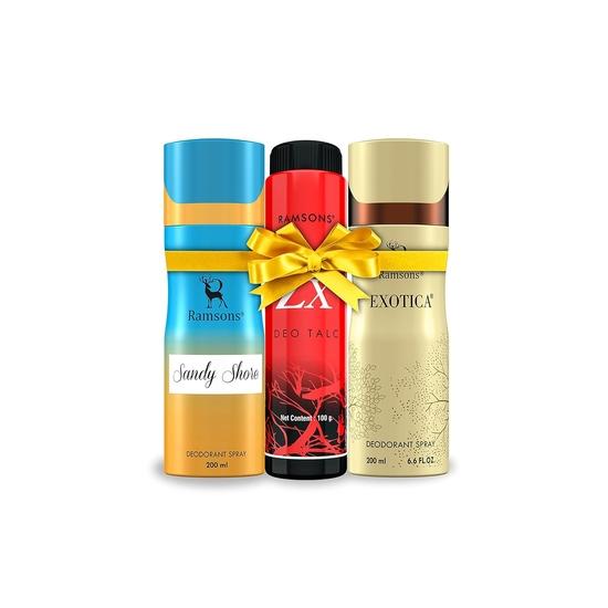 RAMSONS Deo Talc Combo | 1 Exotica Deodorant Spray - 200ml | 1 Sandy Shore Deodorant Spray - 200ml | 1 RED ZX Deo Talc - 100gm | Combo Pack Of 3