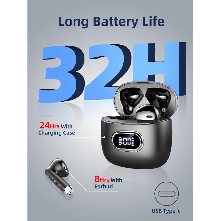 Wasart Wireless Earbud, Bluetooth 5.3 Headphones with 4 ENC Mics, 32H Bluetooth Earphones with Dual LED Display, Wireless Headphones in Ear IP7