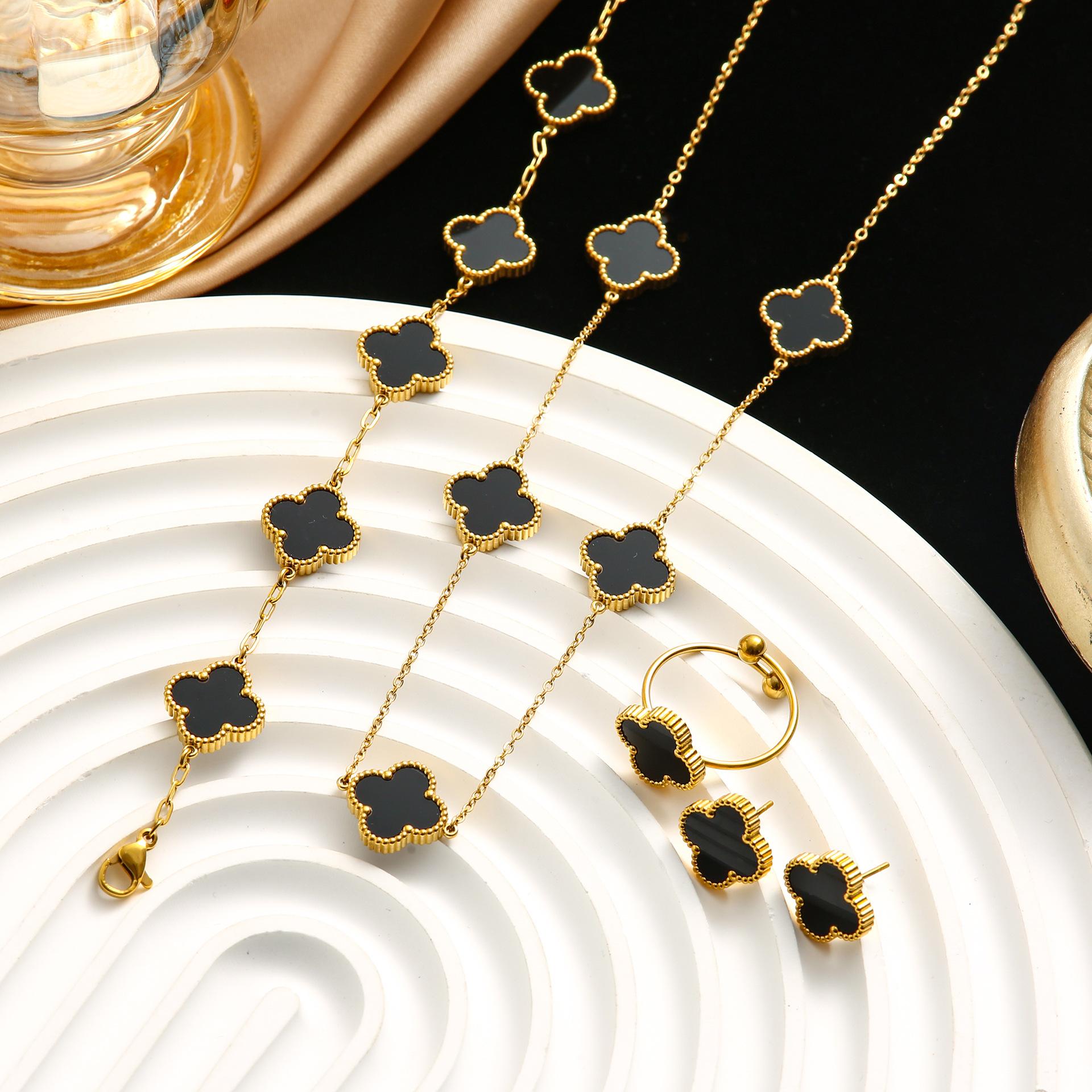 

4 шт. титановая сталь двухстороннее ожерелье с клевером женское титановая сталь не выцветающая подвеска ожерелье браслет серьги кольцо комплект 4PCS чёрный