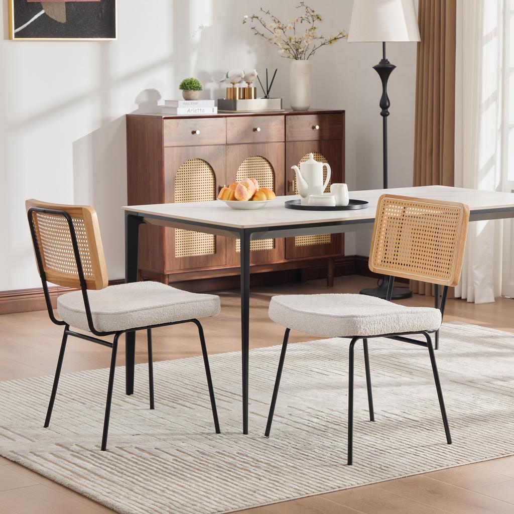 Modern Dining Chair, Set of 2, Chenille Upholstery, Without Armrests, Solid Wood Frame On the Backrest, Rattan Look, Adjustable Metal Feet-Ivory