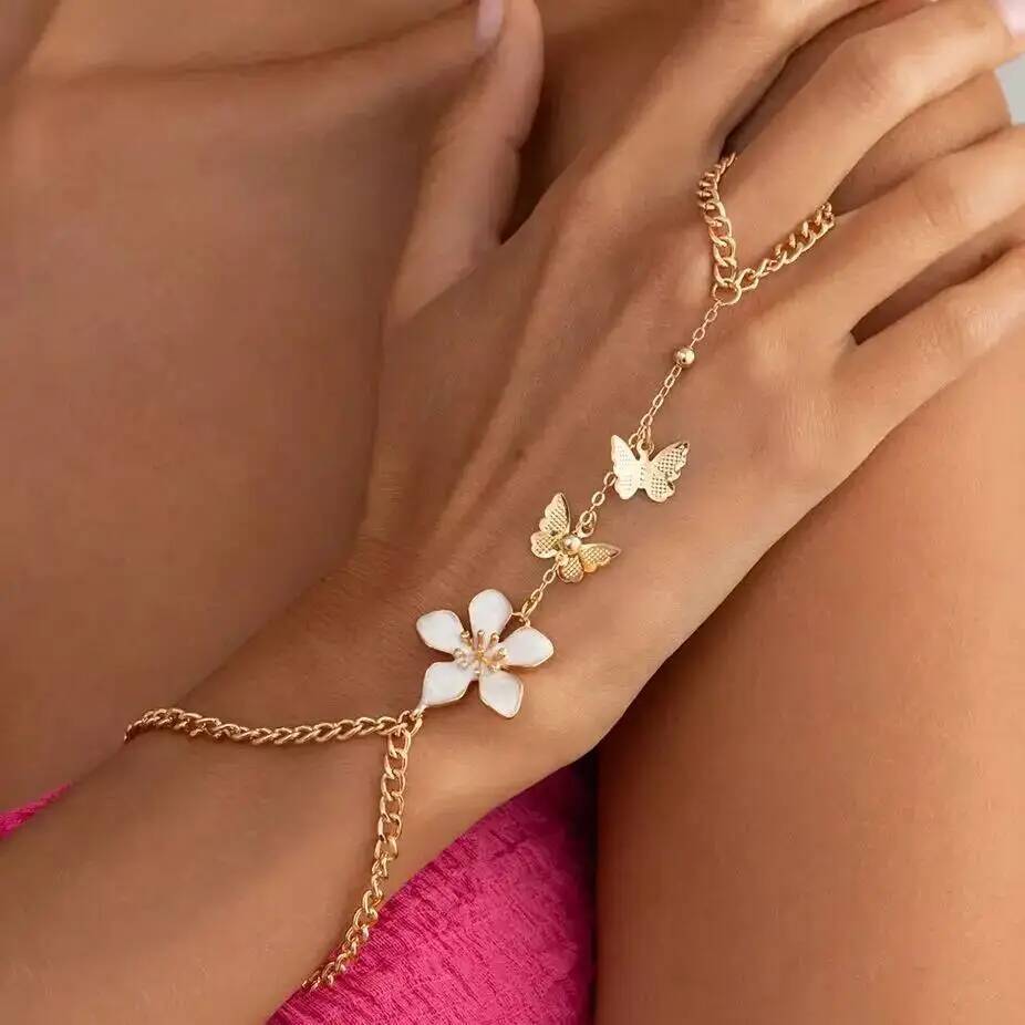 SHIXIN Exquisite Sweet Butterfly Tassel Flower Finger Bracelet Women Vintage Charm Drip Oil Floral Ring Bangle Jewelry Gift 2026