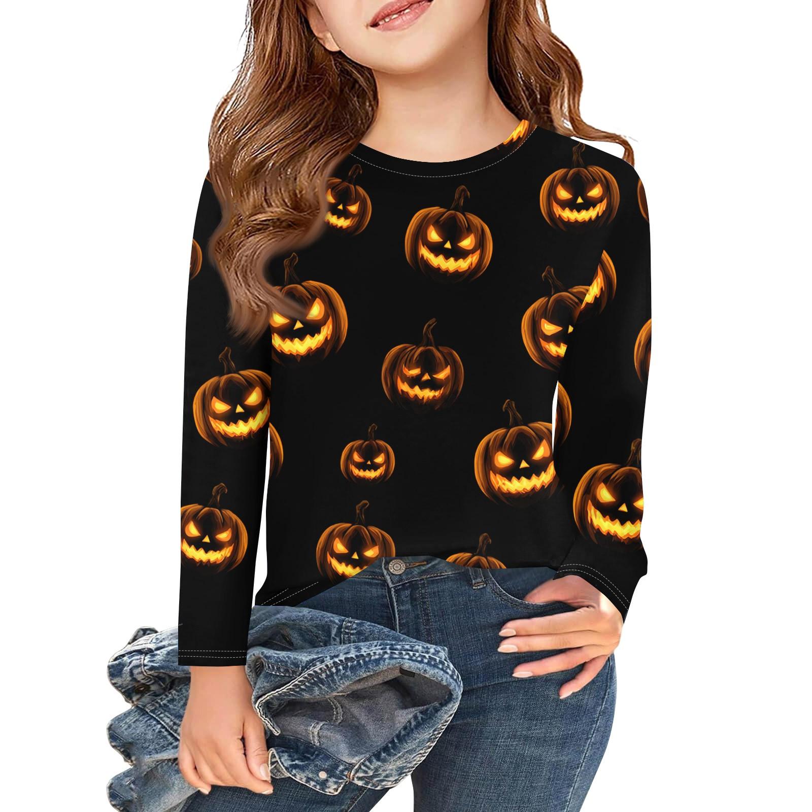 

Girls Long Sleeve T Shirts Kids Fall Tops Crewneck Halloween Printed Basic Tees 3-9Y 110 чорний