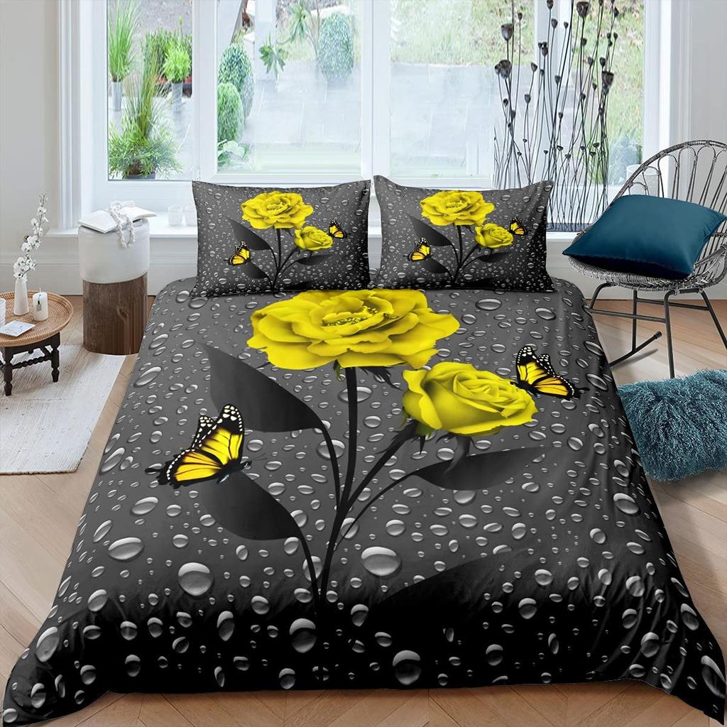 Rose Bettbezug-Set Damen Chic Lila Blumenmuster Bettwäsche-Set Romantische Blumen Glitzer King Size Bettdeckenbezug Für Paare