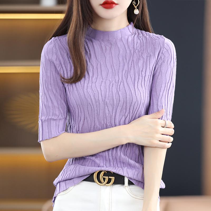 Women's Slim Fit Mid-Sleeve Knitted Shirt - Soft Half Turtleneck for Early Autumn 2024