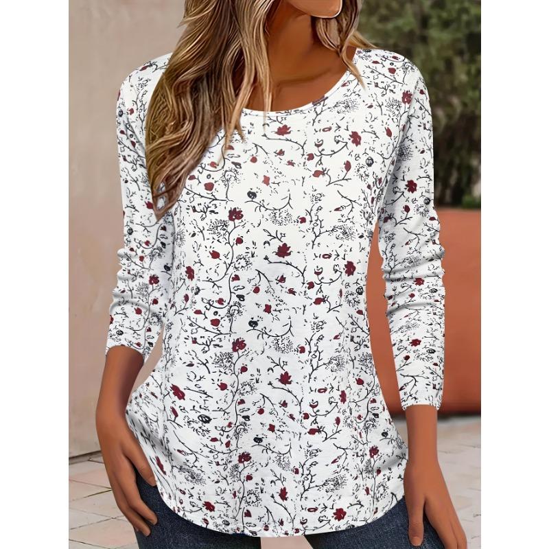 Lebendiges florales 3D-Druck-T-Shirt mit Rundhalsausschnitt und langen Ärmeln, modisches Muster, Damenkleidung, lässige Y2K-Kleidung, Harajuku, Damenkleidung