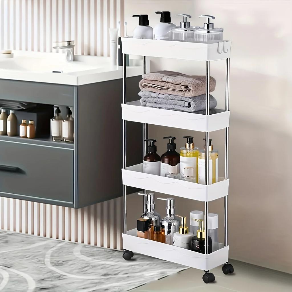 1pc 3/4 Tier Slim Storage Cart, Bathroom Rolling Utility Cart, Plastic Storage Rack With Wheels, Mobile Shelving Unit Organizer,