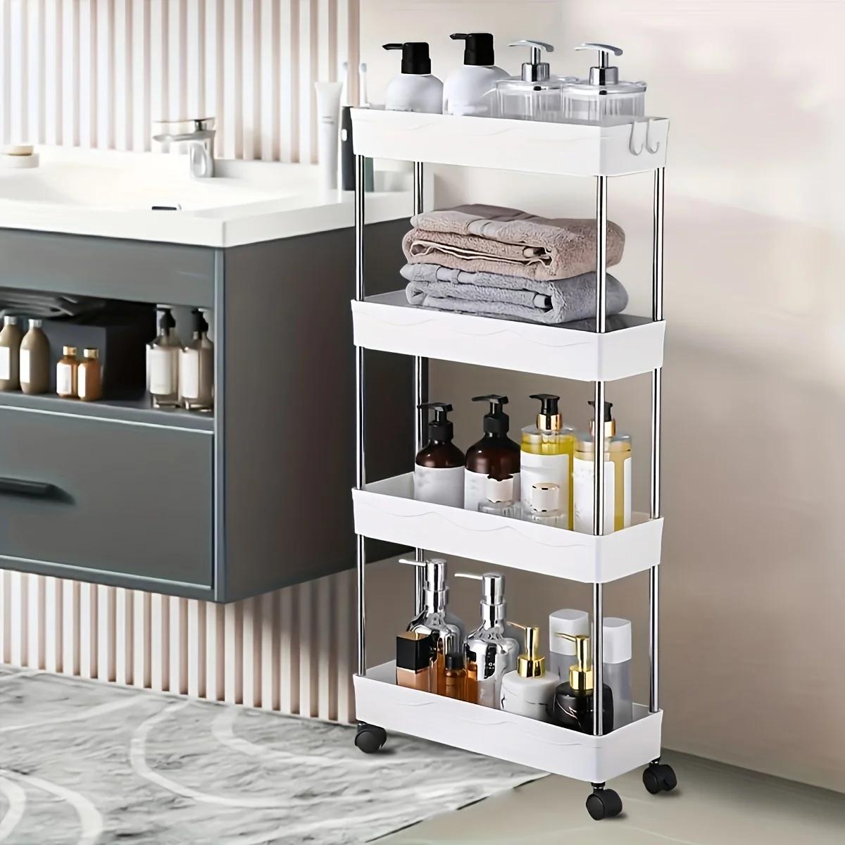 1pc 3/4 Tier Slim Storage Cart, Bathroom Rolling Utility Cart, Plastic Storage Rack With Wheels, Mobile Shelving Unit Organizer, bianco