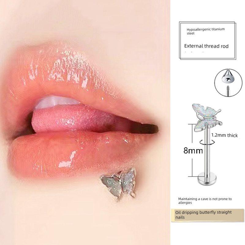 

External Thread Straight Bar Flash Butterfly Side Lip Stud Subculture Niche Design Straight Stud American Style Medical Titanium Steel Jewelry Straight Nail 1.2*8mm White Butterfly