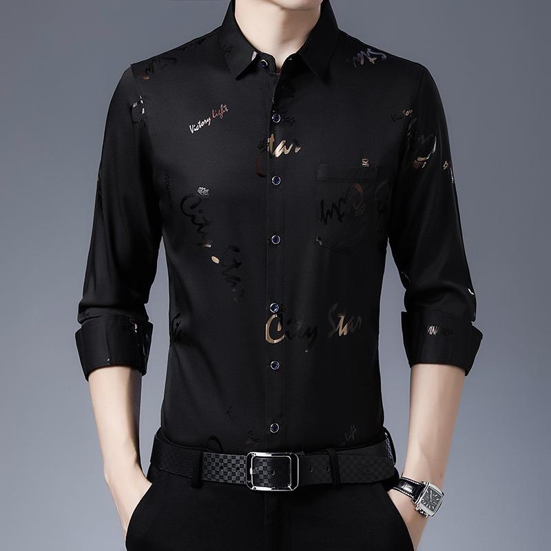 Men Casual Slim Fit Long Sleeve Thin Non Iron Letter Print Shirt