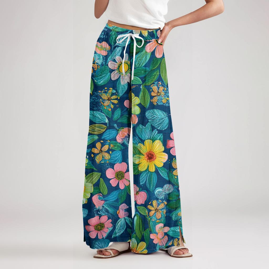 Women's Loose Casual Floral Print Wide Leg Pants With Elastic Waist Drawstring And Pocket Pants