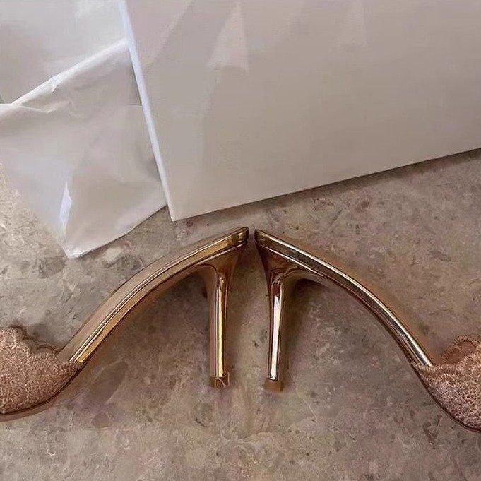 2025 new embroidered stiletto slippers champagne gold embroidered high heels sexy pointed banquet high heels women