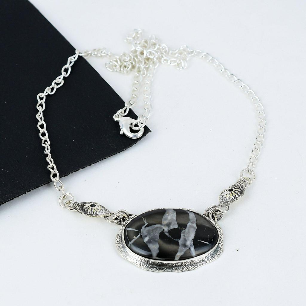 Natural Mud Crack Jasper Gemstone Handmade 925 Sterling Silver Electroform Necklace, Mud Crack Jasper Silver For Wife Unisex Pendant Birthday Gift