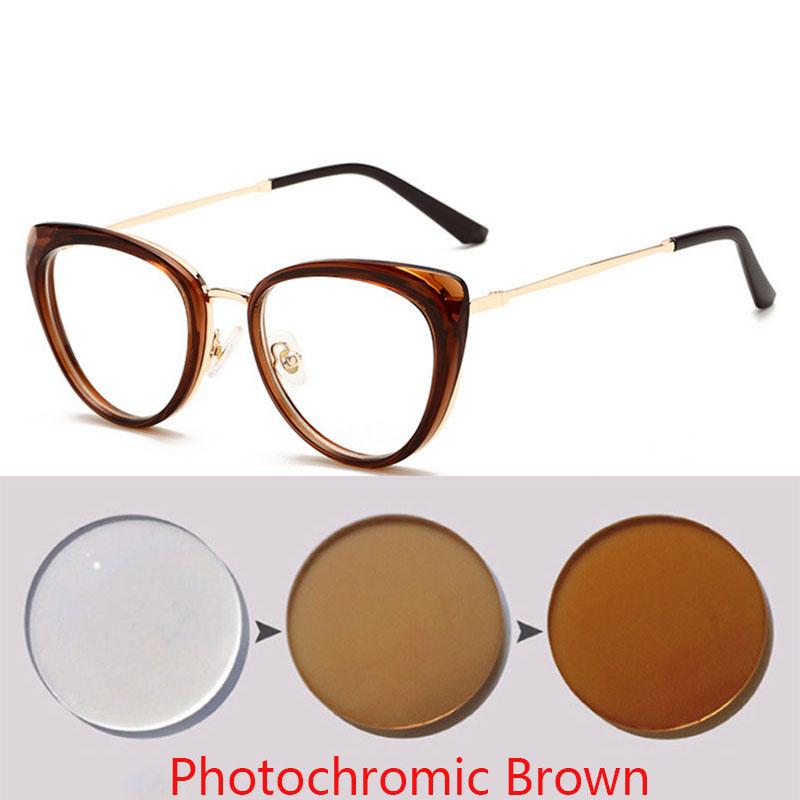 Anti-Blue Light Cat Eye Prescription Spectacle Women Myopia Lens Photochromic Glasses Diopter 0 -0.5 -0.75 -1.0 -2.0 To -6.0