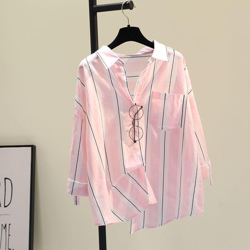 Loose Striped Cotton Button-Up Shirt for Women with Long Sleeves for Summer