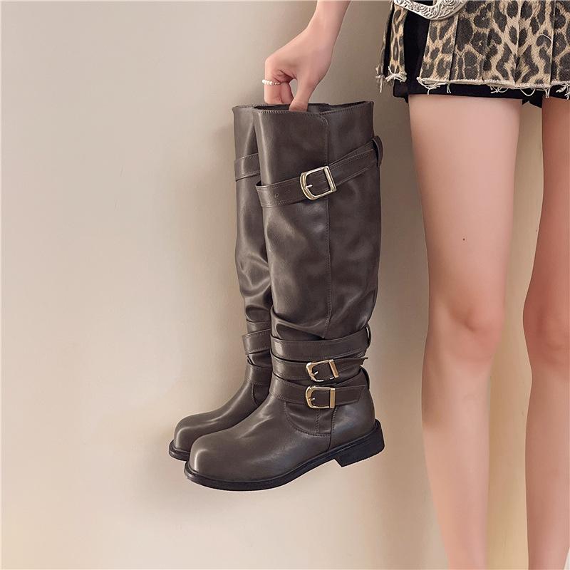 Stylish Retro Round Head Pleated Stacking Boots Foldable In Autumn And Winter Two-Wear Spice Girl Western Cowboy Boots Look Thin And Long