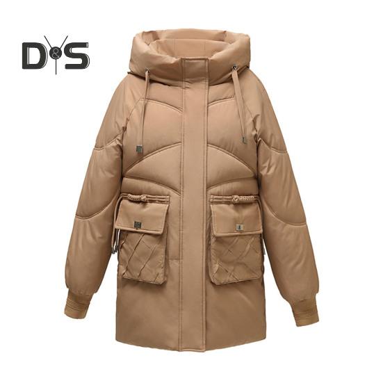 Winter Down Coat Thickened Padded Hooded Pockets Zipper Closure Drawstring Mid Length Windproof Heat Retention Daily Cold Weather Outwear Cotton