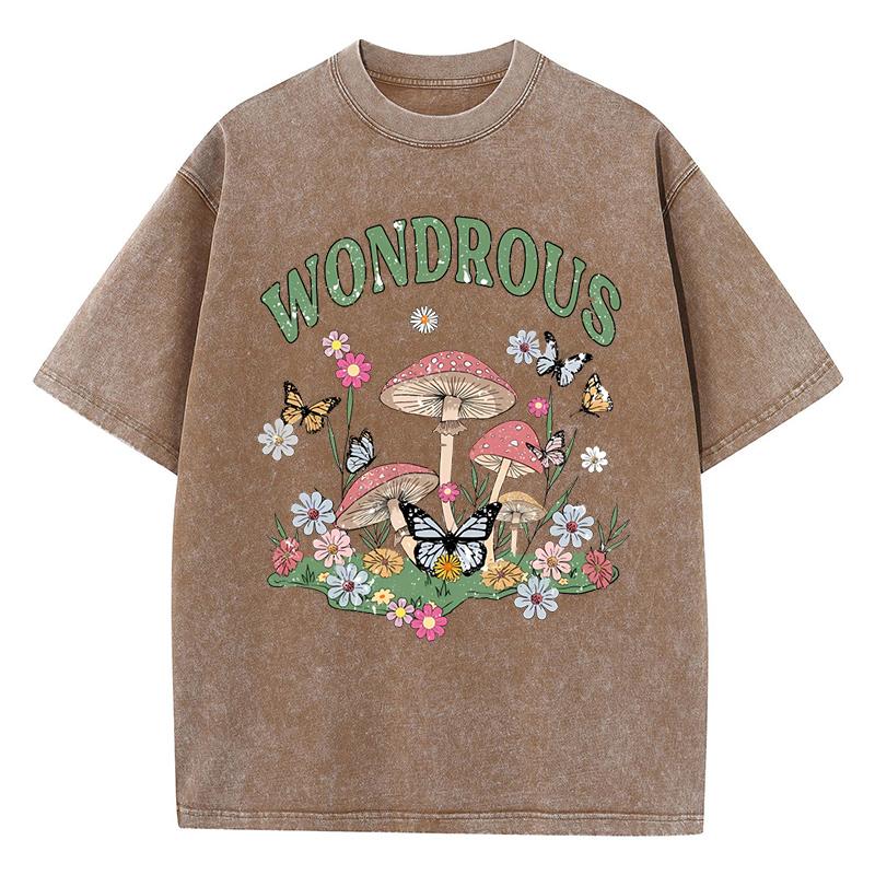 

Mushroom Flower Butterfly Wondrous Design Washed T Shirt Women Cotton T-Shirt Casual Y2K Loose Short Sleeves Vintage Tops 3XL
