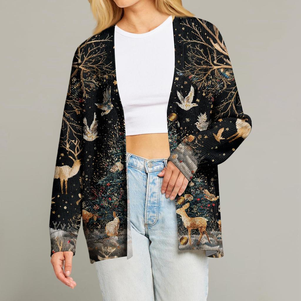 Women's Fashion Long Sleeve Christmas Print V-Neck Button Loose Cardigan Top