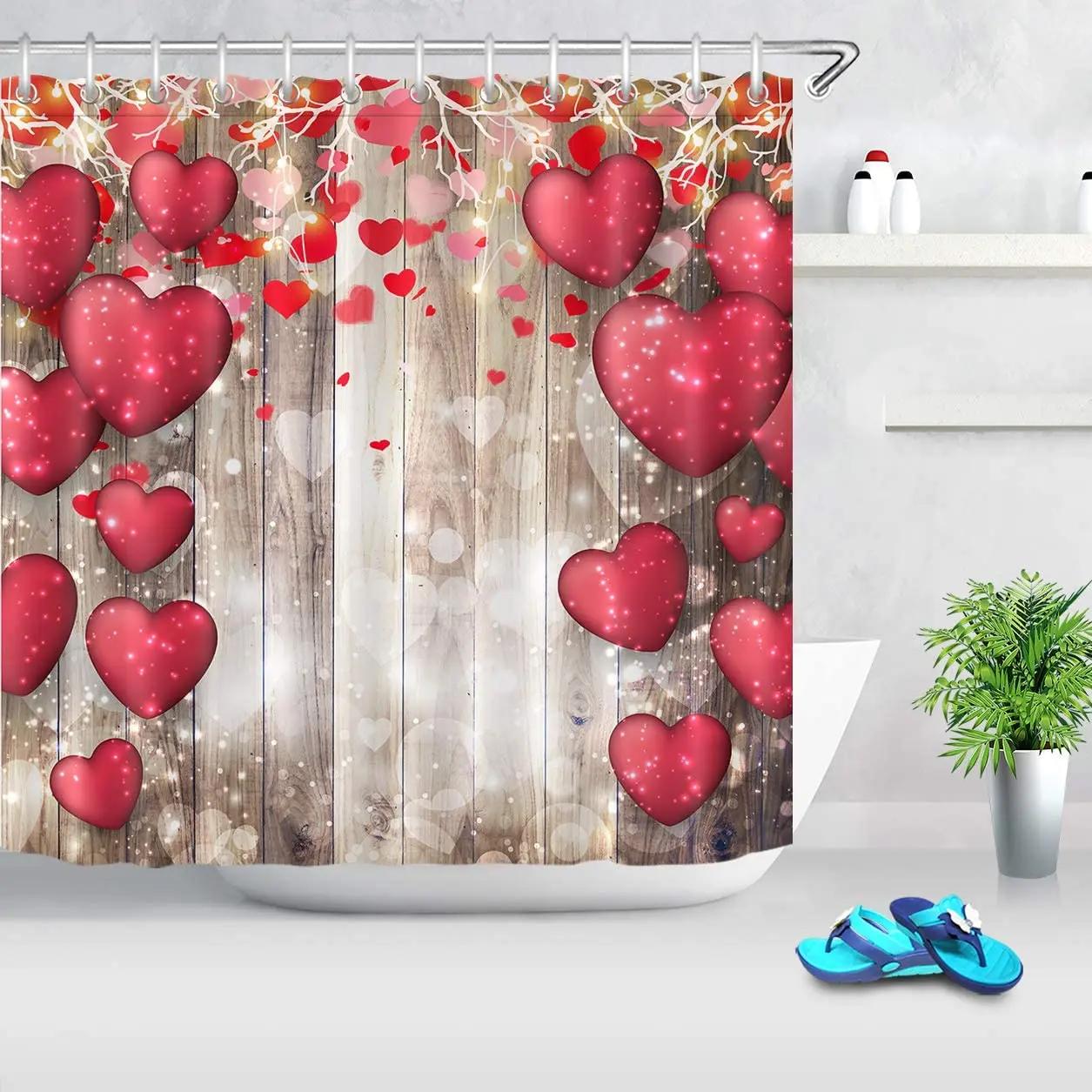 

Happy Valentines Day Shower Curtain Red Falling Hearts Pattern Balloons Spots on Vintage Wood Backdrop Love Bathroom Screen Set W90XH180cm
