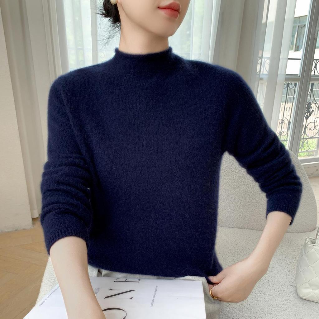 Versatile Women's Slim Cashmere Sweater - Autumn/Winter 2025, Half-High Neck, White Pullover