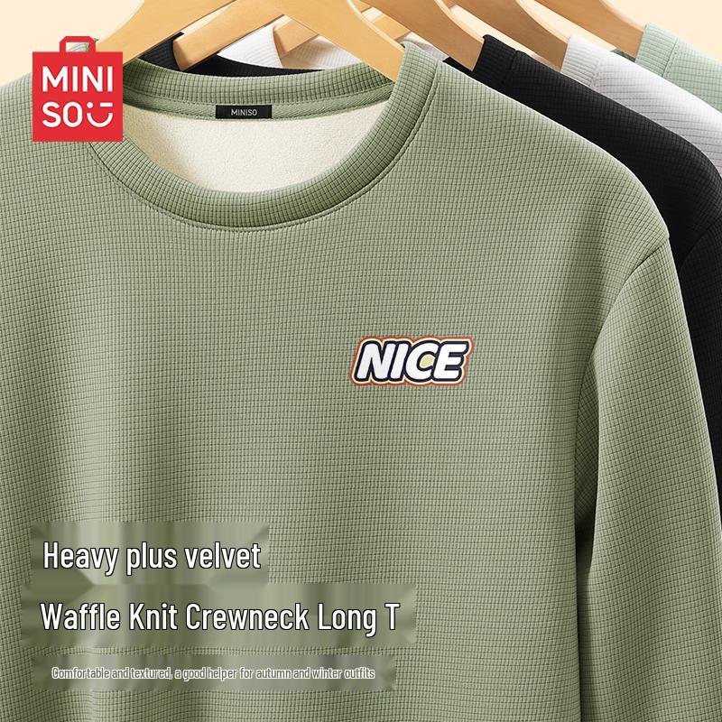 MINISO Men s Fleece-Lined Waffle Knit Long-Sleeve T-Shirt XL