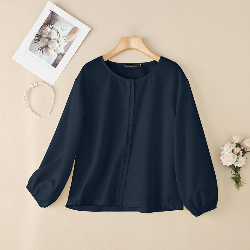 ZANZEA Women Casual Round Neck Loose Long Sleeve Plain Blouse