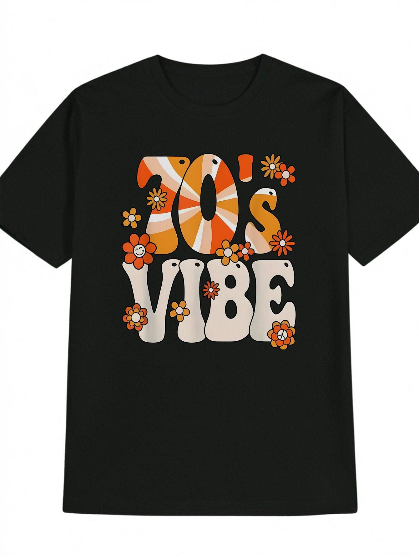

Vintage 70s Retro Graphic T-shirt - Black Casual Short Sleeve Round Neck Tee with Bold 70 s VIBE Lettering & Colorful Floral Print XXXL