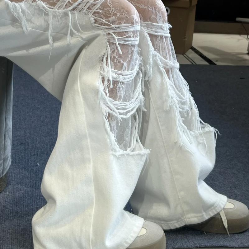 Sommer Weiße Distressed Straight-Leg Jeans für Damen - Lockeres Design-Forward Spitzen-Hollow-Panel Schlankmachende Vielseitige Weitbein-Hose