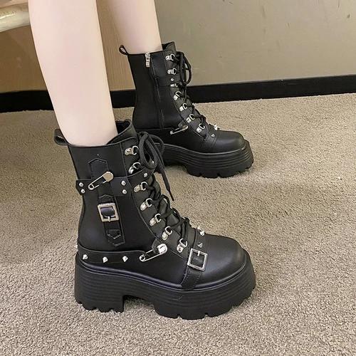 Fashion New Women Leather Punk Boots High Platform Chunky Sneakers Autumn 9CM Wedge Heels Mid-Calf Boots Woman Winter Motorcycle Boots