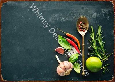 Kitchen Themed Wall Art Decor Colorful Spice and Spoon In Table Metal Tin Sign Food Cooking Ingredients Metal Art Print Decor