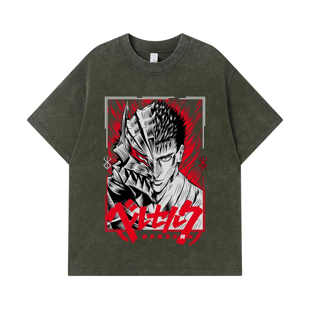 

275 GSM Washed T-shirts 100% Cotton Berserk V8 Print Unisex Heavy Cotton T Shirt S армия зеленый