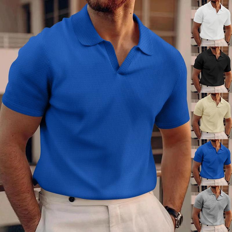 Mens Short Sleeve Waffle Turn Down Collar Solid Casual Polo Shirt