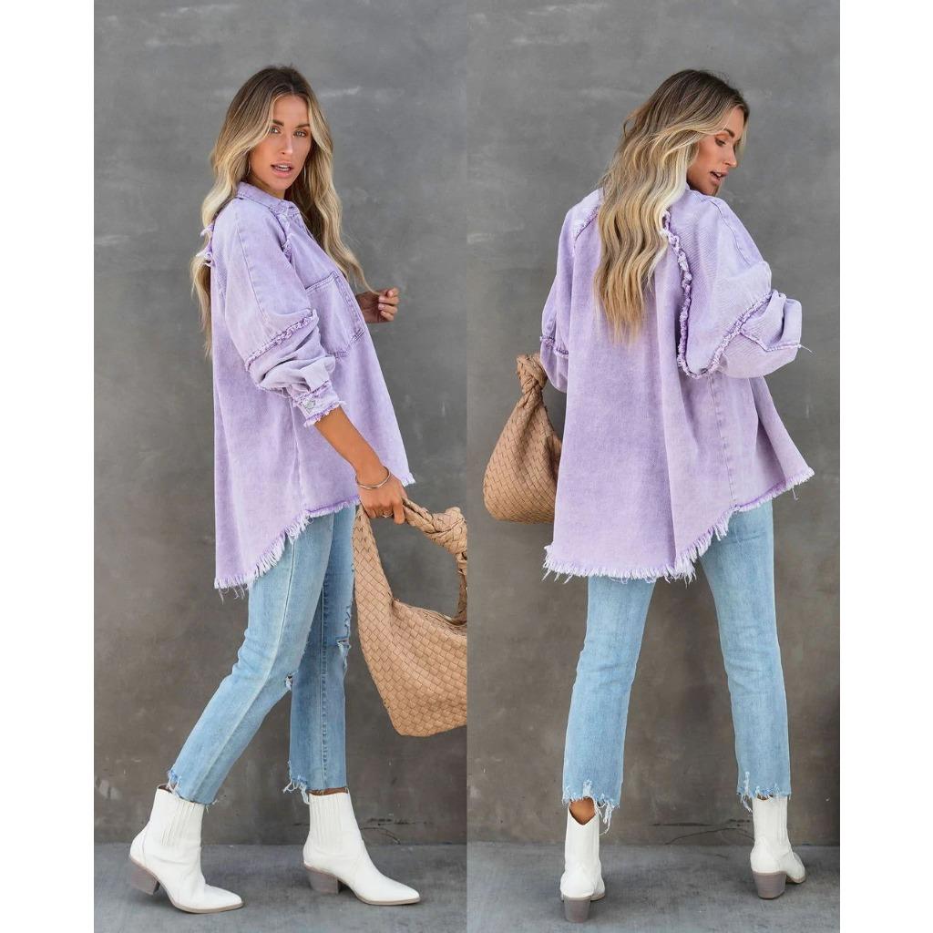 GMXIA Autumn Long-sleeved Denim Jacket for Women, Washable Fringed Mid-length Loose Jacket