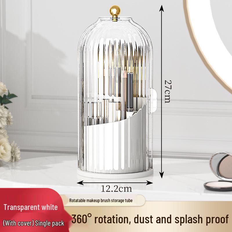 Birdcage Rotating Makeup Brush Holder with Dustproof Compartments for Desktop Cosmetics and Pen Storage