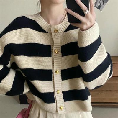Spring Korean Lazy Gentle Style Striped Knitted Cardigan Round Neck Color Blocked Loose Sweater Women's Coat
