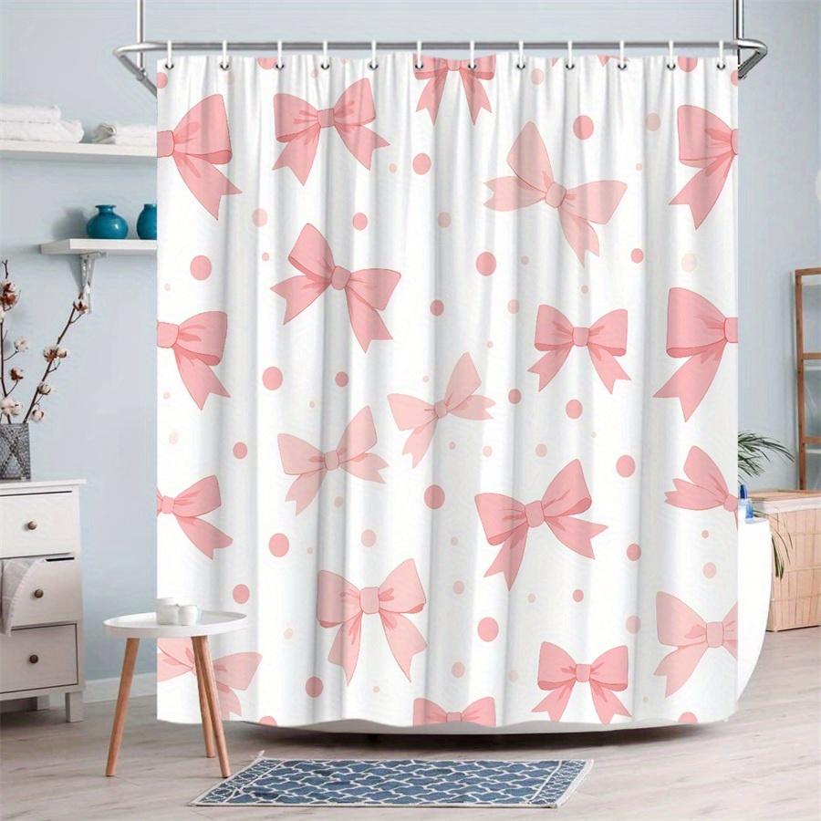 1Pc Pink Polka Dot Shower Curtain With Bow Pattern, Polyester Fabric, Machine Washable, Suitable For Bathroom Dcor.