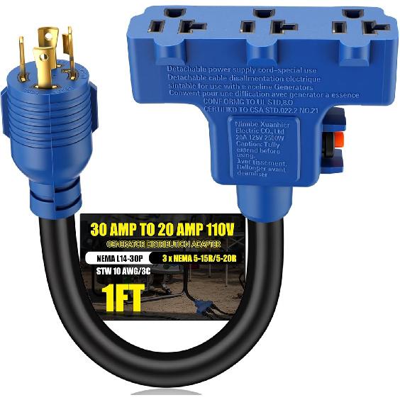 Kanayu Overload Protector 30 Amp to 110V RV Generator Distribution Adapter Cord Compatible with NEMA TT-30P to 3X 5-15R/5-20R, 30A to 15/20A,