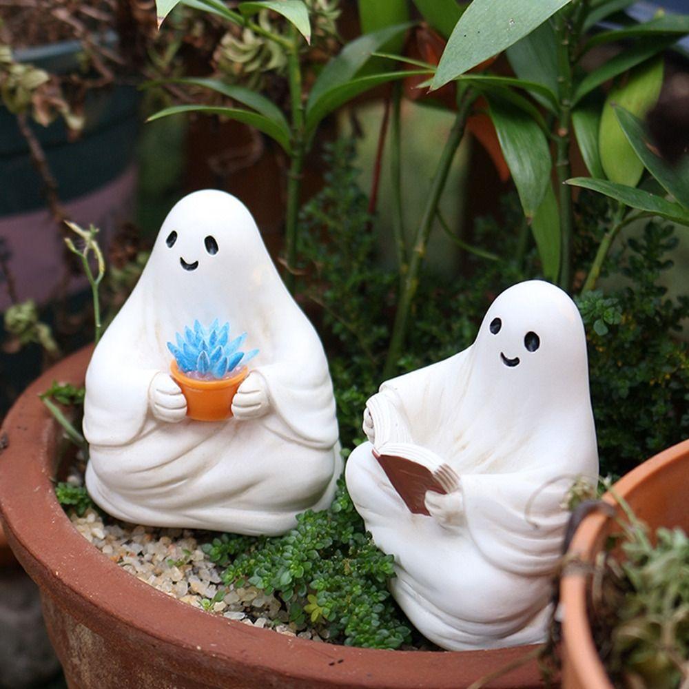 2pcs Resin Halloween Ghost Ornaments Cute Reading Ghost Statue Micro Landscape Ghost Sculpture  Gift