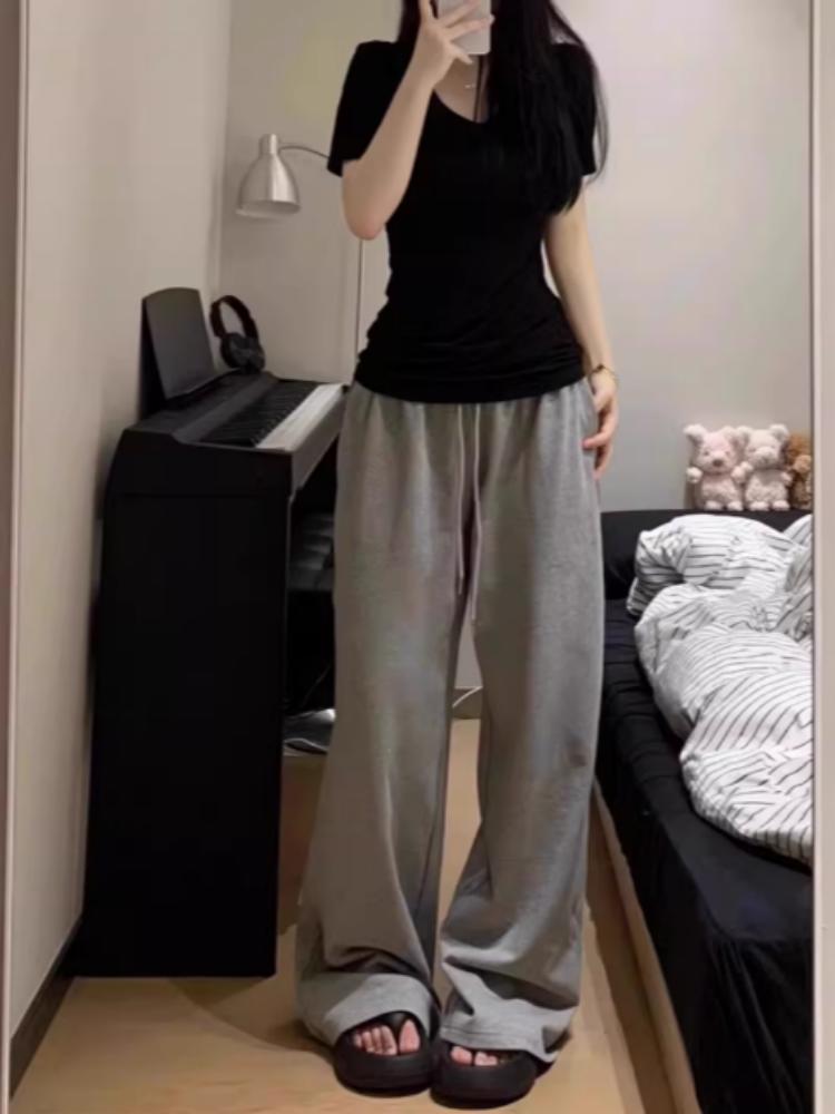 WhiteV-Neckshort Sleeve T-Shirt Women's Casual Loose-Fit Waist-Fitted Top Korean Style Polyester Fiber Summer Clothing