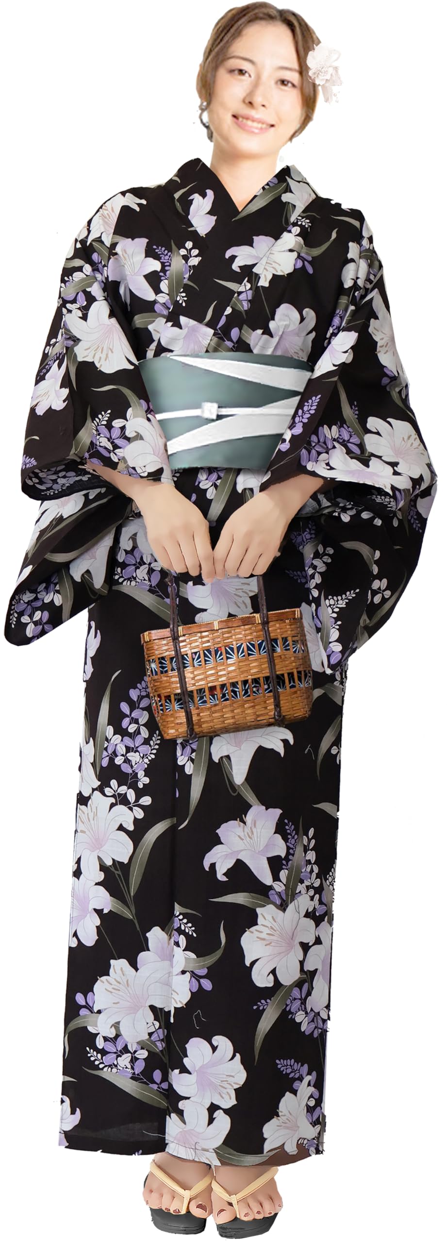 

Комплект юката Aletta domani с классическим фестивальным вечером фейерверков, женский, из двух частей, полуширокий оби, двусторонний, 100% хлопок, с рисунком, лилия,