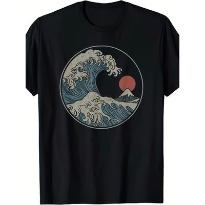 Europäische Größen Herren Freizeit T-Shirt Hokusai Wellen Print Retro Vintage Tee, Bequemes Kurzarm Rundhals Shirt für Herren Ganzjahres Komfort Passform