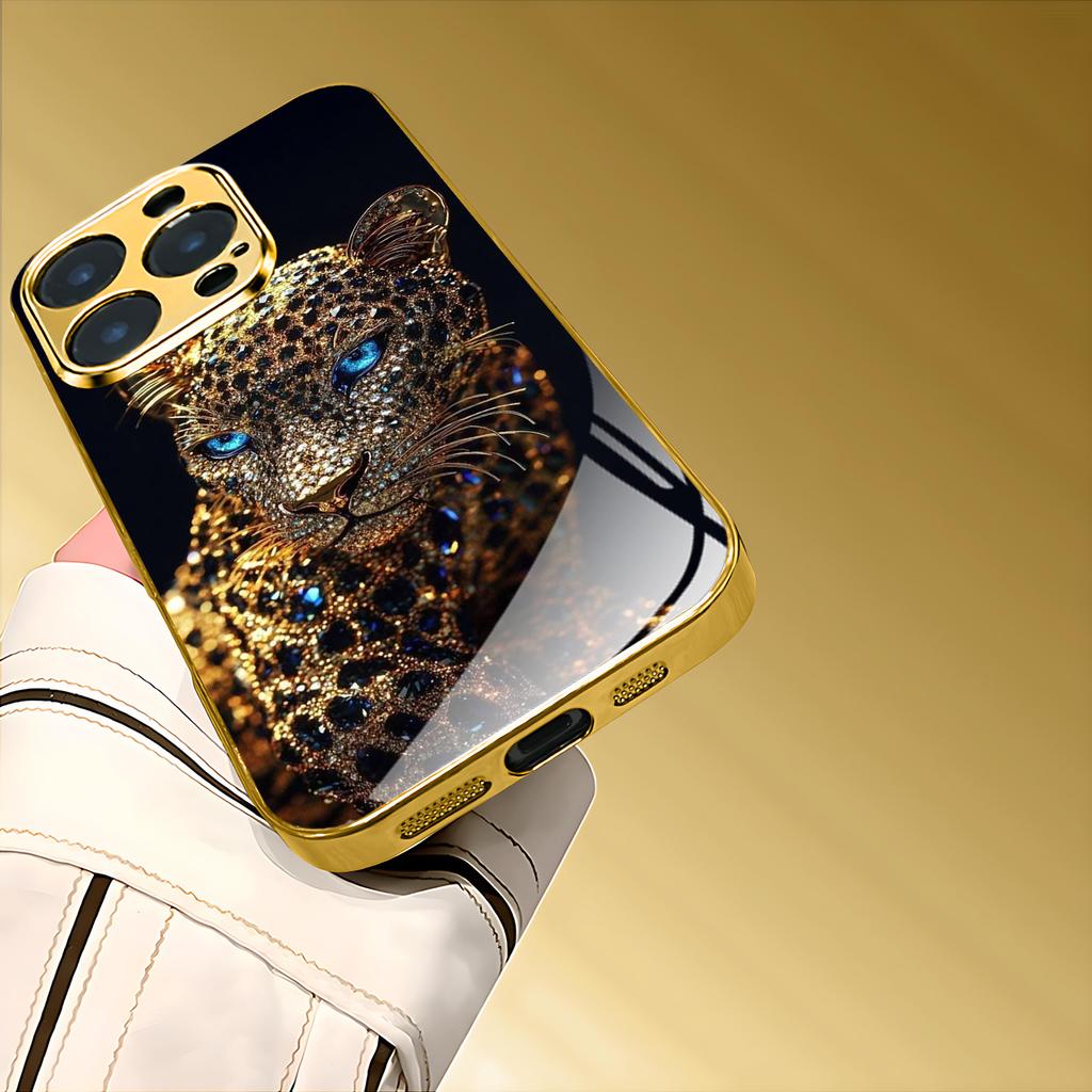 Diamant-inlaid Leopardenmuster Glas-Handyhülle geeignet für iPhone 17 16 15 14 13 12 11Pro/Max/Plus stoßfeste Rückseite