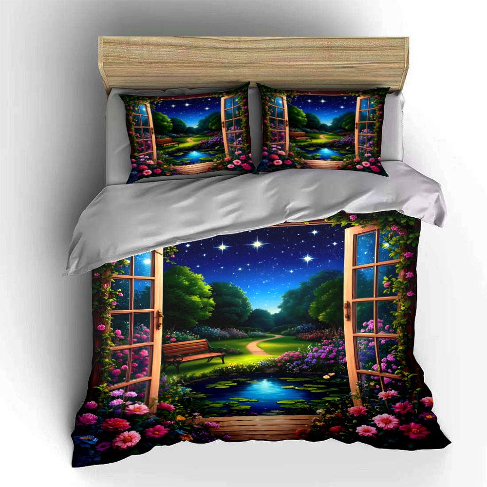 Garden view through window. Print Bedding Set 1 Duvet Cover 2 Pillowcases for Adult and Children Luxury Gift Full Size