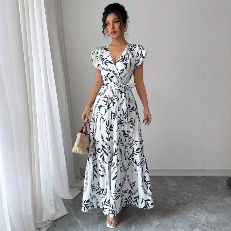 

Spring and suer new printed lotus leaf edge V-neck sexy slim and thin long dress dress S белый