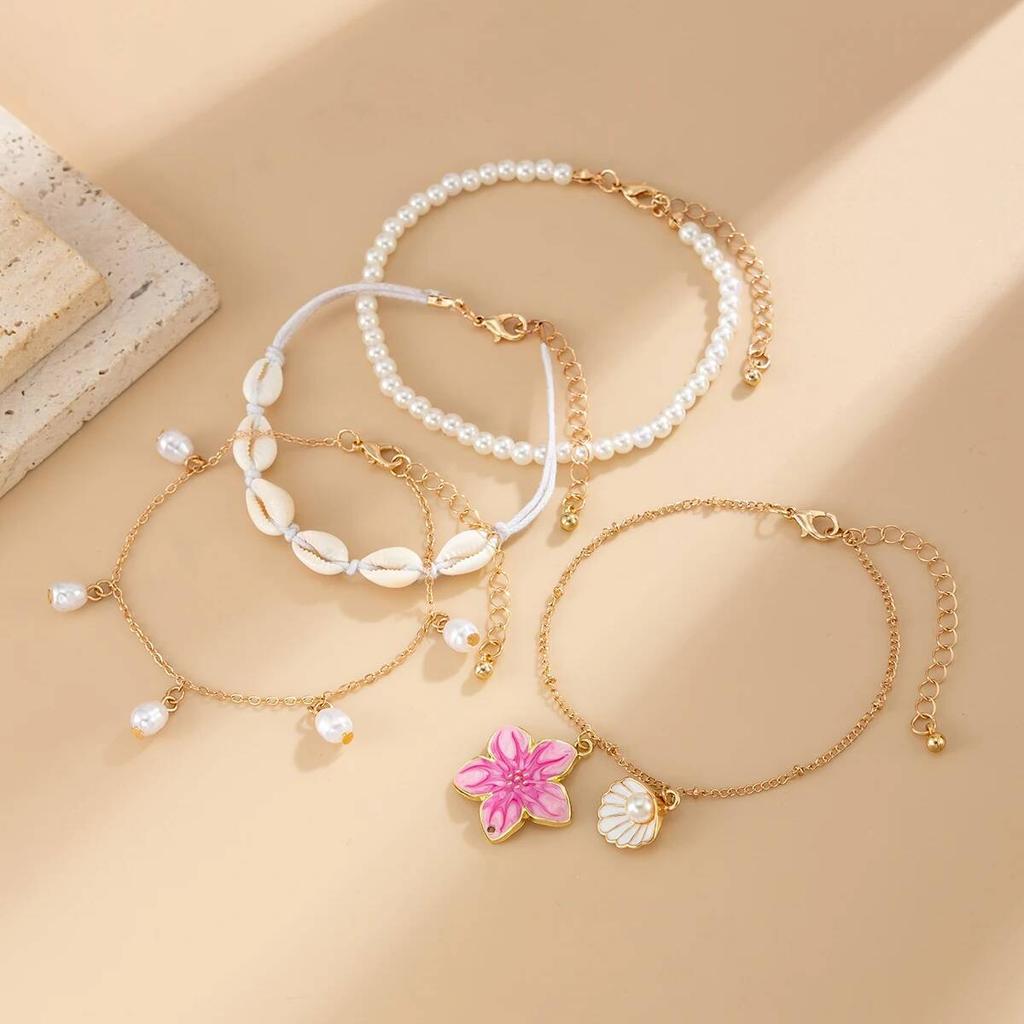 SHIXIN 4Pcs/set Boho Flower Scallop Pendant Anklet Foot Chain Women Charm Imitation Pearl Ankle Beach Vintage Foot Jewelry Gift