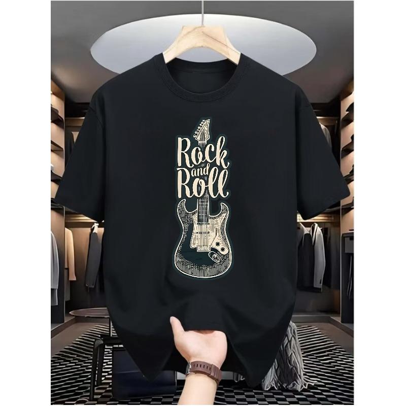 Men'S Casual Digital Print T-Shirt Featuring a Rock Guitar Design - Street Hip-Hop Style, Summer European And American Fashion Trend, Sporty Vibe