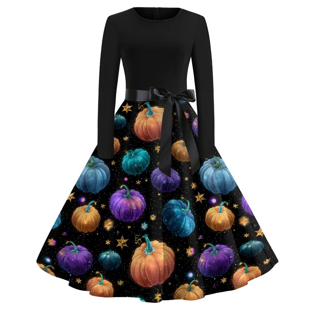 Women's Vintage Long Sleeve Round Neck Dress Halloween Party Printed Midi Dress with Belt Retro Style